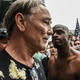 An alt-right demonstrator is covered in mayonnaise after being chased by a group of counter-protesters during an alt-right rally on August 17, 2019 in Portland, Oregon. Anti-fascism demonstrators gathered to counter-protest a rally held by far-right, extremist groups.